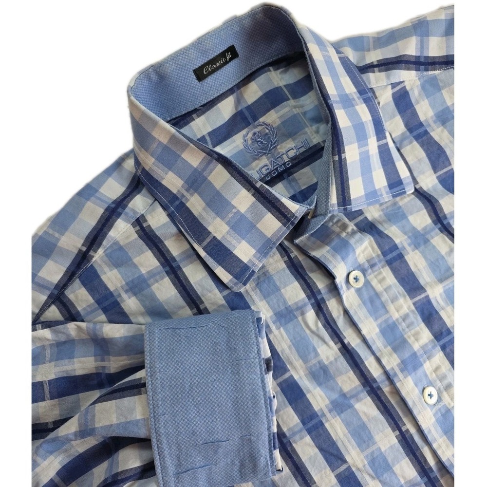Bugatchi Shirt‎ Mens Blue White Plaid Flip Cuff Button Classic Fit -READ